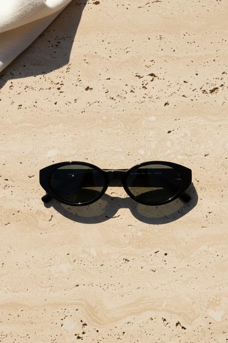 Novara Milano Black Polarised Sunglasses on a beach