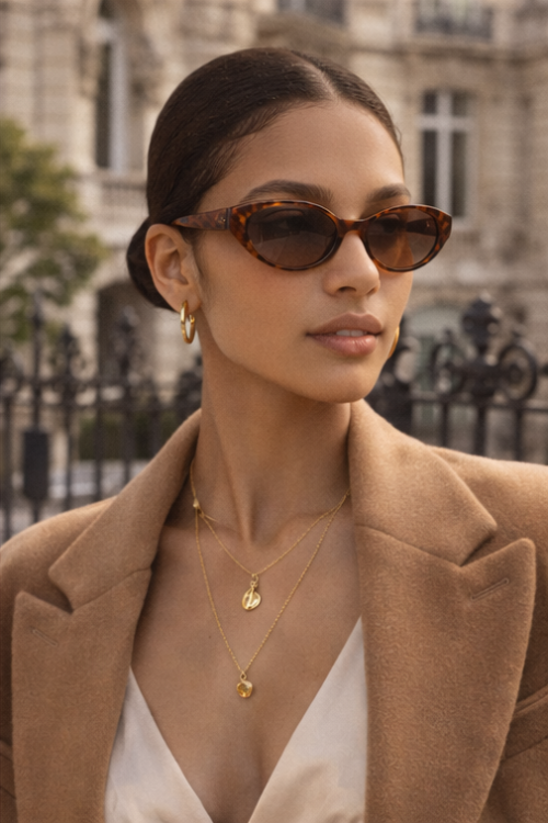 Novara Milano Brown Polarised Sunglasses on model with brown coat