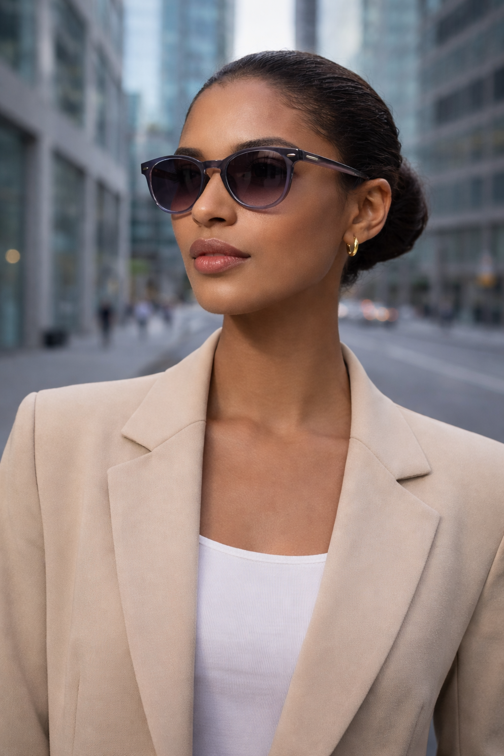 Novara Riviera Blue Polarised Sunglasses on a female model