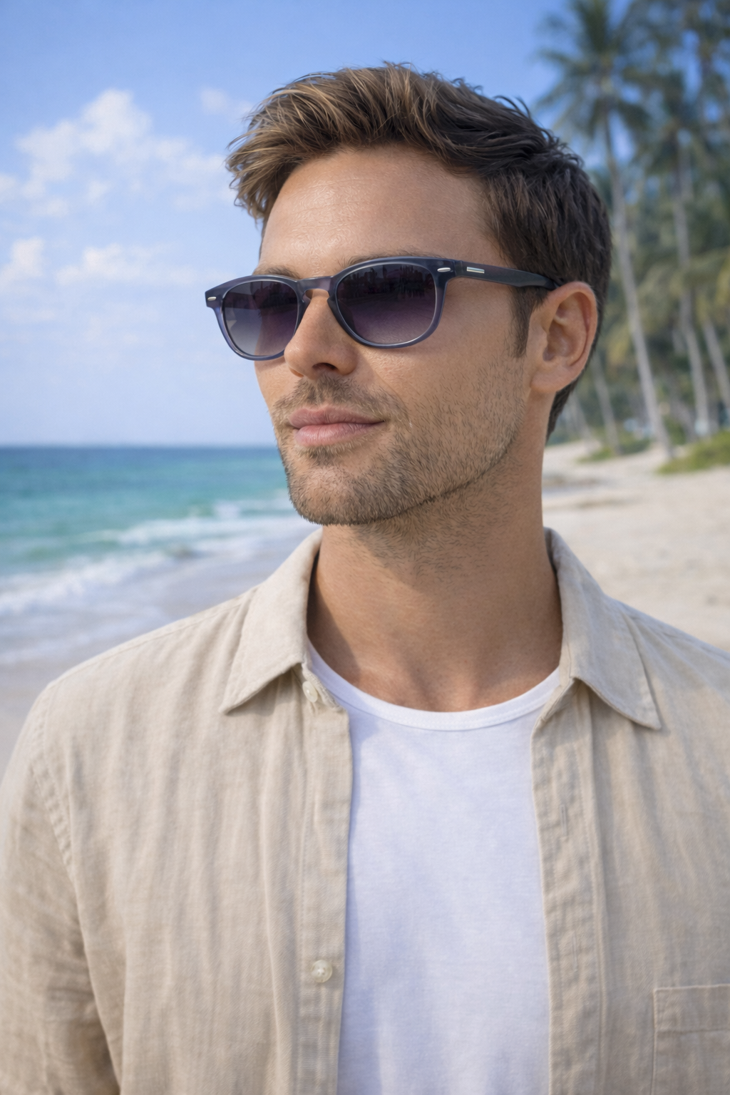 Novara Riviera Blue Polarised Sunglasses on a male model