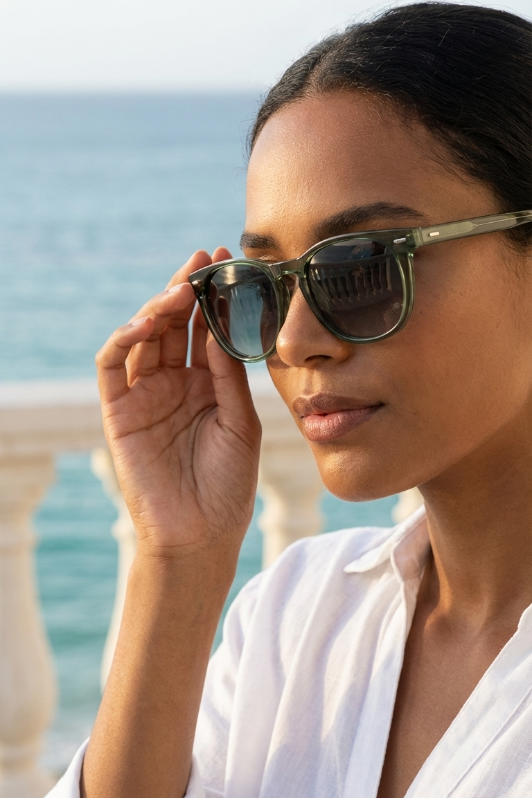 Novara Riviera Green Polarised Sunglasses on a female model