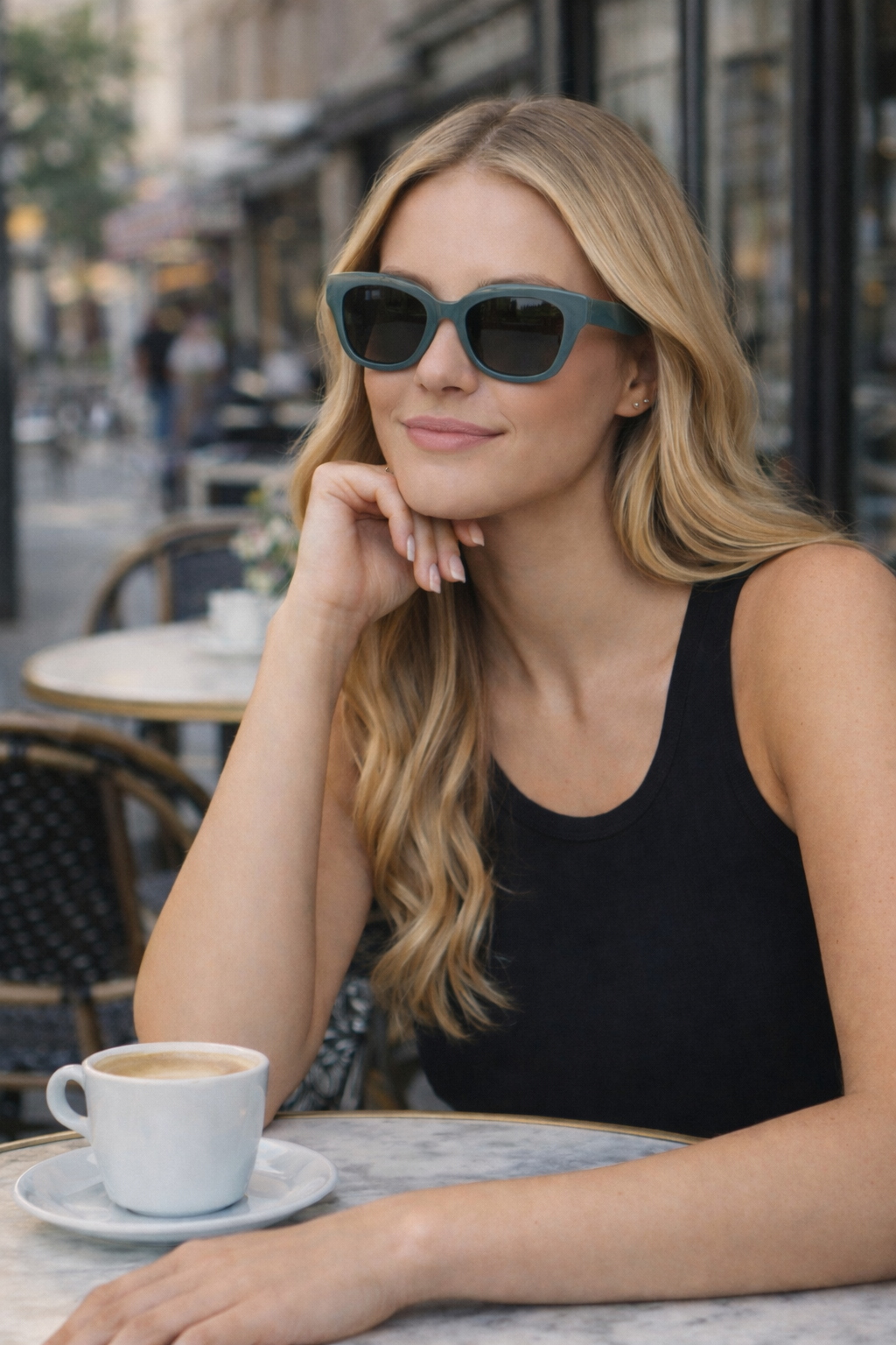 Novara Verona Green Polarised Sunglasses on model at a coffee shop